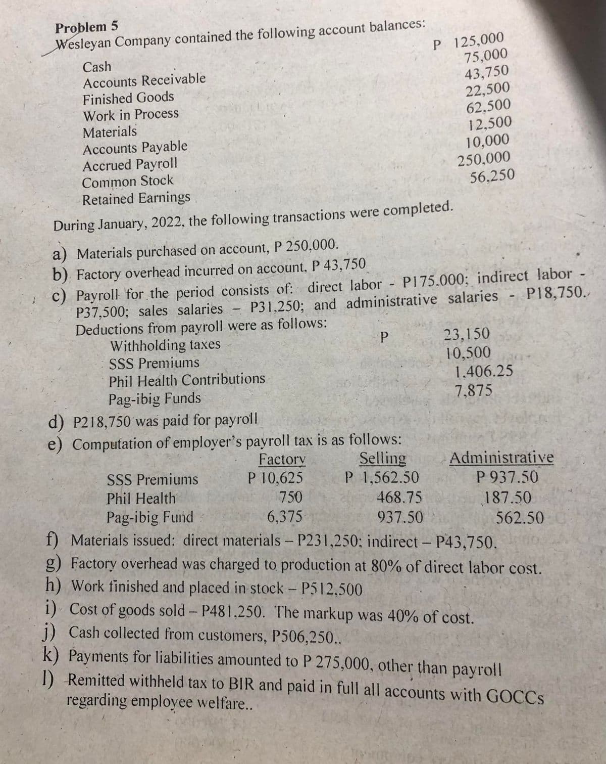 Problem 5
Wesleyan Company contained the following account balances:
Cash
Accounts Receivable
Finished Goods
Work in Process
Materials
Accounts Payable
Accrued Payroll
Common Stock
Retained Earnings
During January, 2022, the following transactions were completed.
a) Materials purchased on account, P 250,000.
b) Factory overhead incurred on account. P 43,750
1
Deductions from payroll were as follows:
Withholding taxes
SSS Premiums
Phil Health Contributions
c) Payroll for the period consists of: direct labor - P175.000; indirect labor
P37,500; sales salaries P31,250; and administrative salaries -
P18,750.
SSS Premiums
Phil Health
Pag-ibig Fund
Pag-ibig Funds
d) P218,750 was paid for payroll
e) Computation of employer's payroll tax is as follows:
Selling
P 1,562.50
P
Factory
P 10,625
750
6,375-
P
468.75
937.50
125,000
75,000
43,750
22,500
62,500
12,500
10,000
250,000
56.250
23,150
10.500
1.406.25
7,875
Administrative
P 937.50
187.50
562.50
f) Materials issued: direct materials - P231,250; indirect - P43,750.
g) Factory overhead was charged to production at 80% of direct labor cost.
h) Work finished and placed in stock - P512,500
i) Cost of goods sold - P481.250. The markup was 40% of cost.
-
i) Cash collected from customers, P506,250..
k) Payments for liabilities amounted to P 275,000, other than payroll
1) Remitted withheld tax to BIR and paid in full all accounts with GOCCs
regarding employee welfare..