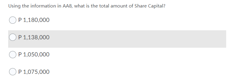Using the information in AA8, what is the total amount of Share Capital?
P 1,180,000
OP 1,138,000
P 1,050,000
P 1,075,000
