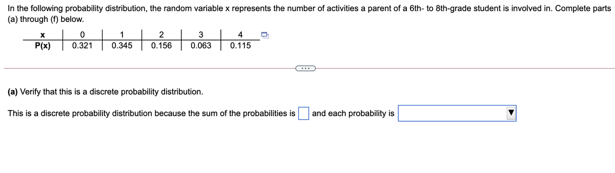 In the following probability distribution, the random variable x represents the number of activities a parent of a 6th- to 8th-grade student is involved in. Complete parts
(a) through (f) below.
X
1
2
4
P(x)
0.321
0.345
0.156
0.063
0.115
(a) Verify that this is a discrete probability distribution.
This is a discrete probability distribution because the sum of the probabilities is
and each probability is
