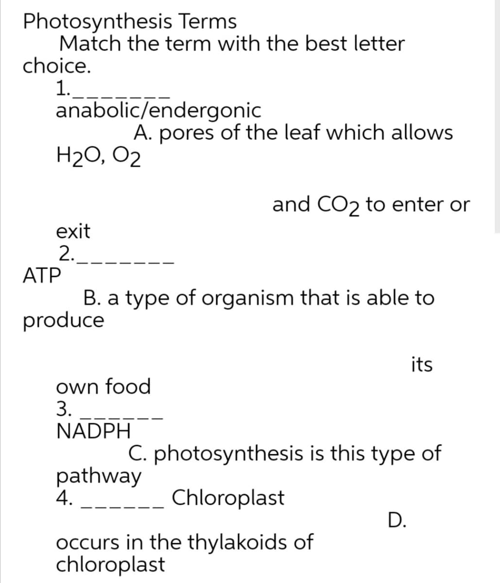 Photosynthesis Terms
Match the term with the best letter
choice.
1.
anabolic/endergonic
A. pores of the leaf which allows
H2O, O2
and CO2 to enter or
exit
2.
АТР
B. a type of organism that is able to
produce
its
own food
3.
NADPH
C. photosynthesis is this type of
pathway
4.
Chloroplast
D.
occurs in the thylakoids of
chloroplast
