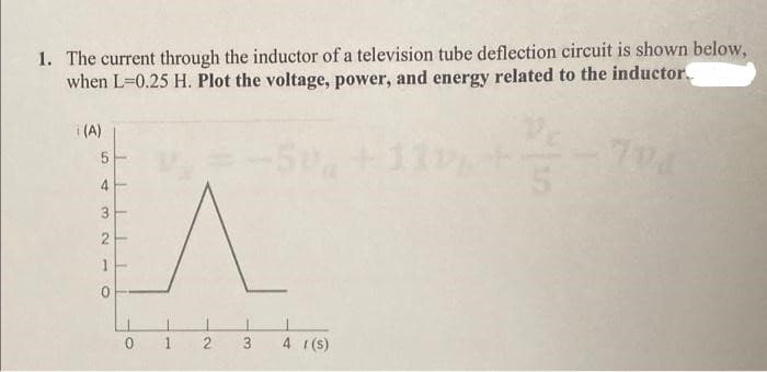 1. The current through the inductor of a television tube deflection circuit is shown below,
when L-0.25 H. Plot the voltage, power, and energy related to the inductor.
110, +/-702
i (A)
5
4-
43210
3-
2
A
0
1
2
-5%
3
4 1(s)