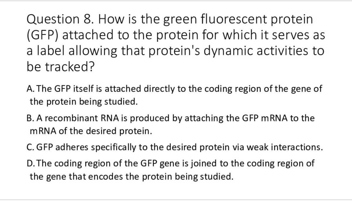 Question 8. How is the green fluorescent protein
(GFP) attached to the protein for which it serves as
a label allowing that protein's dynamic activities to
be tracked?
A. The GFP itself is attached directly to the coding region of the gene of
the protein being studied.
B. A recombinant RNA is produced by attaching the GFP mRNA to the
mRNA of the desired protein.
C. GFP adheres specifically to the desired protein via weak interactions.
D. The coding region of the GFP gene is joined to the coding region of
the gene that encodes the protein being studied.

