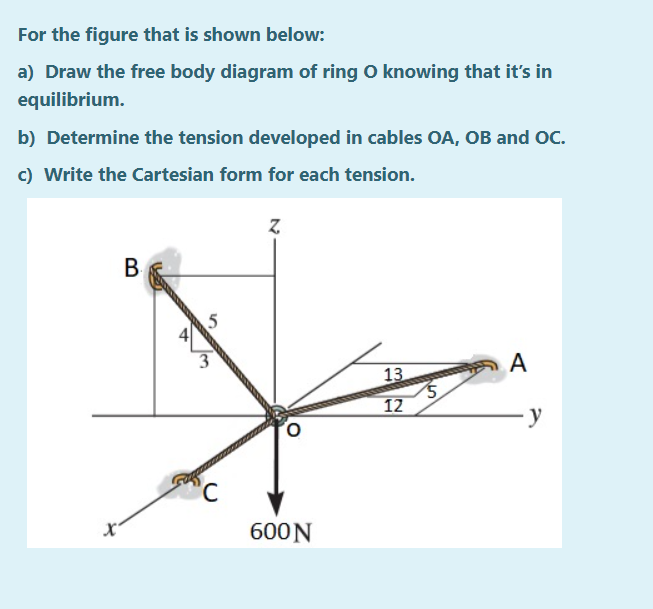 For the figure that is shown below:
a) Draw the free body diagram of ring O knowing that it's in
equilibrium.
b) Determine the tension developed in cables OA, OB and OC.
c) Write the Cartesian form for each tension.
