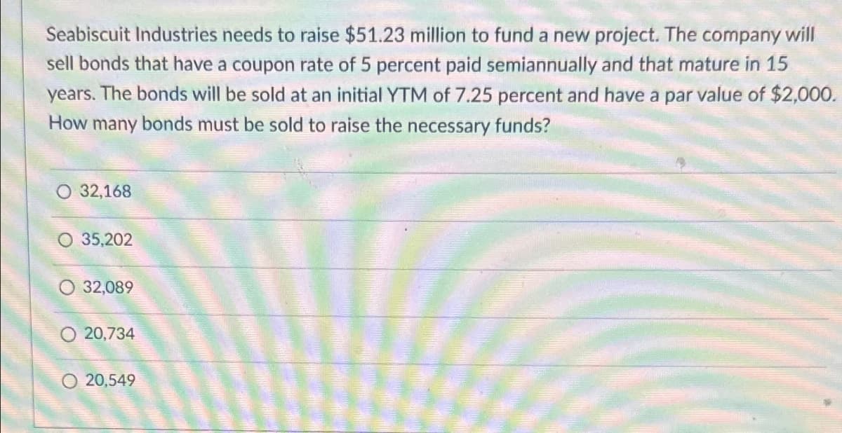 Seabiscuit Industries needs to raise $51.23 million to fund a new project. The company will
sell bonds that have a coupon rate of 5 percent paid semiannually and that mature in 15
years. The bonds will be sold at an initial YTM of 7.25 percent and have a par value of $2,000.
How many bonds must be sold to raise the necessary funds?
32,168
O 35,202
32,089
O 20,734
20,549