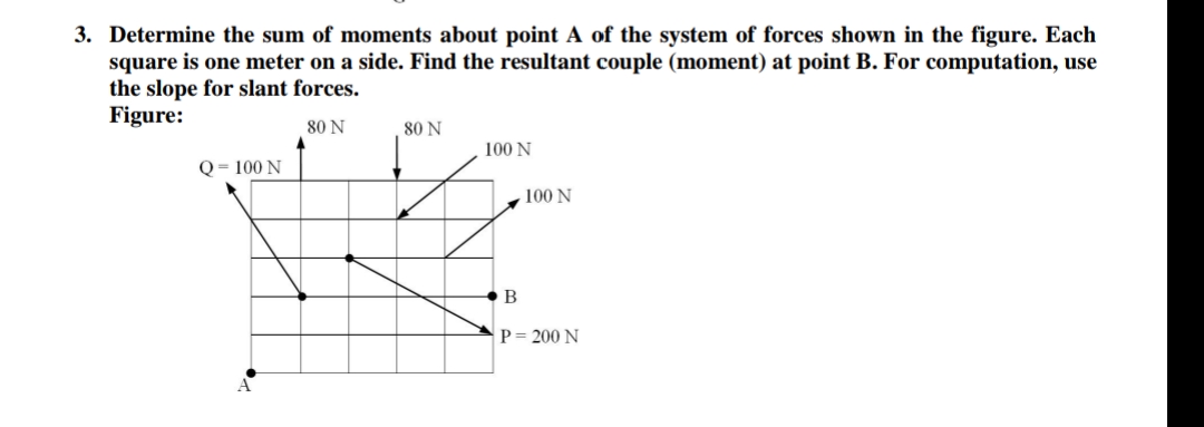 3. Determine the sum of moments about point A of the system of forces shown in the figure. Each
square is one meter on a side. Find the resultant couple (moment) at point B. For computation, use
the slope for slant forces.
Figure:
80 N
80 N
100 N
Q = 100 N
100 N
P= 200 N
