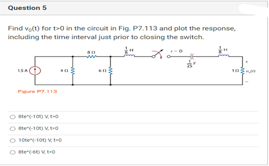 Question 5
Find vo(t) for t>0 in the circuit in Fig. P7.113 and plot the response,
including the time interval just prior to closing the switch.
H
1.5 A
Figure P7.113
40:
8te^(-10t) v. t>0
8te^(-10t) V, t<0
10te^(-10t) V, t>0
8te^(-61) V, t>0
80
603
+
100,00
