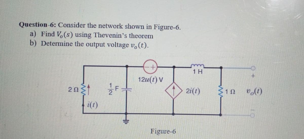 Question-6: Consider the network shown in Figure-6.
a) Find V (s) using Thevenin's theorem
b) Determine the output voltage vo(t).
20231
1/1F
F+
H
+
12u(t) V
Figure-6
1 H
2i(t)
W
102
vo(t)