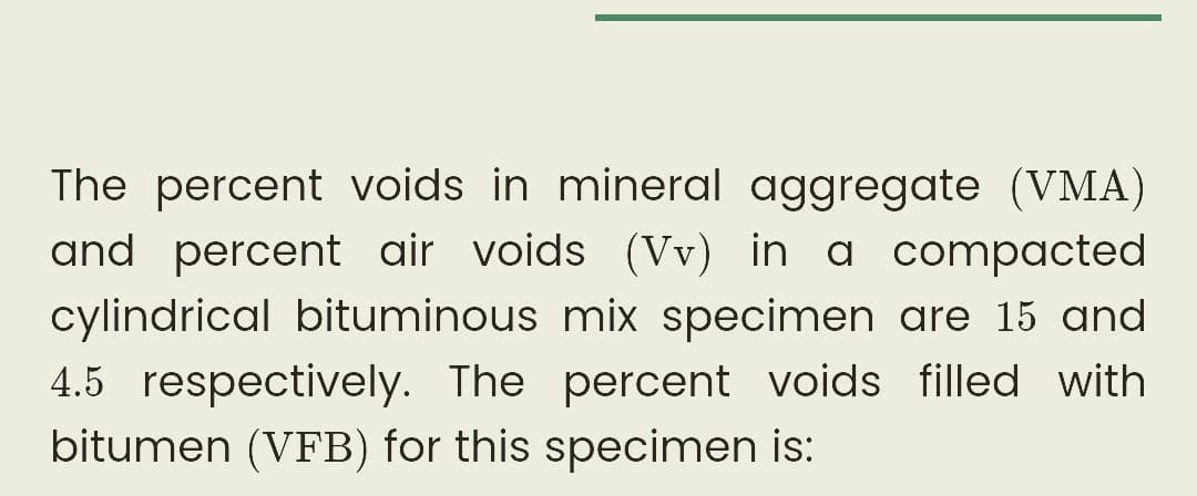 The percent voids in mineral aggregate (VMA)
and percent air voids (Vv) in a compacted
cylindrical bituminous mix specimen are 15 and
4.5 respectively. The percent voids filled with
bitumen (VFB) for this specimen is:
