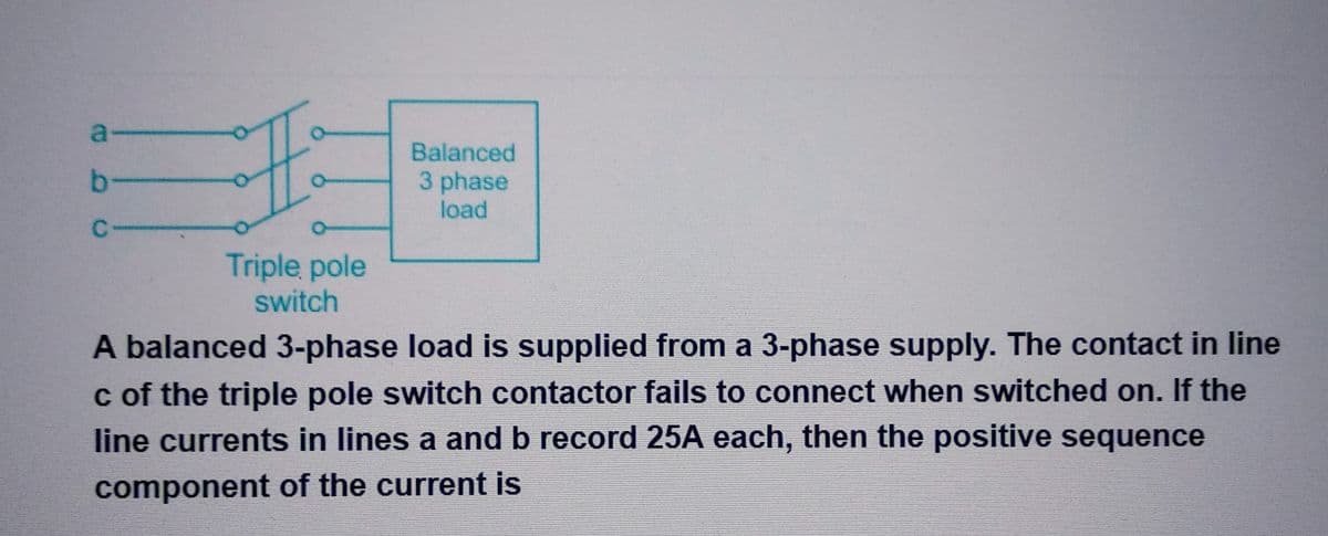 a
b-
C
H
Triple pole
switch
Balanced
3 phase
load
A balanced 3-phase load is supplied from a 3-phase supply. The contact in line
c of the triple pole switch contactor fails to connect when switched on. If the
line currents in lines a and b record 25A each, then the positive sequence
component of the current is