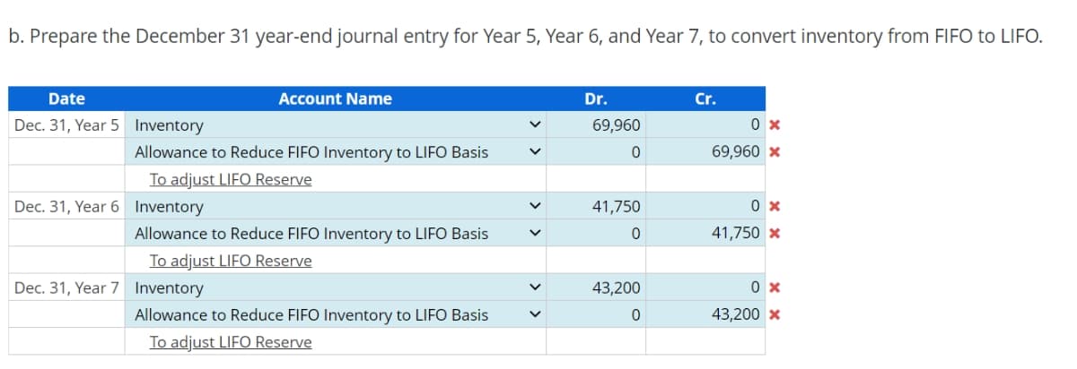 b. Prepare the December 31 year-end journal entry for Year 5, Year 6, and Year 7, to convert inventory from FIFO to LIFO.
Date
Dec. 31, Year 5 Inventory
Allowance to Reduce FIFO Inventory to LIFO Basis
To adjust LIFO Reserve
Dec. 31, Year 6 Inventory
Account Name
Allowance to Reduce FIFO Inventory to LIFO Basis
To adjust LIFO Reserve
Dec. 31, Year 7 Inventory
Allowance to Reduce FIFO Inventory to LIFO Basis
To adjust LIFO Reserve
Dr.
69,960
0
41,750
0
43,200
0
Cr.
0x
69,960 *
0x
41,750 *
0x
43,200 *