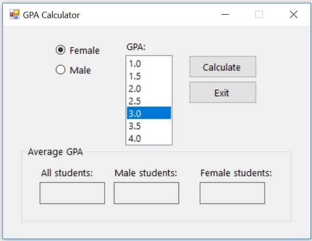 GPA Calculator
Female
GPA:
1.0
O Male
Calculate
1.5
2.0
Exit
t
2.5
3.0
3.5
4.0
Average GPA
All students:
Male students:
Female students:
