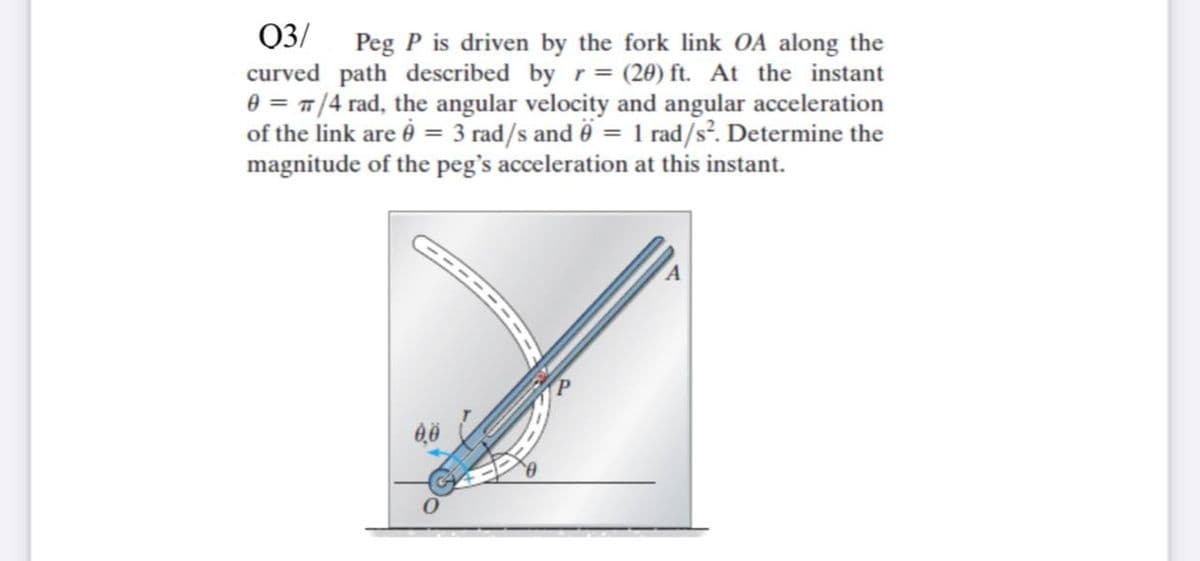 03/ Peg P is driven by the fork link OA along the
curved path described by r= (20) ft. At the instant
e = 7/4 rad, the angular velocity and angular acceleration
of the link are é = 3 rad/s and = 1 rad/s. Determine the
magnitude of the peg's acceleration at this instant.
