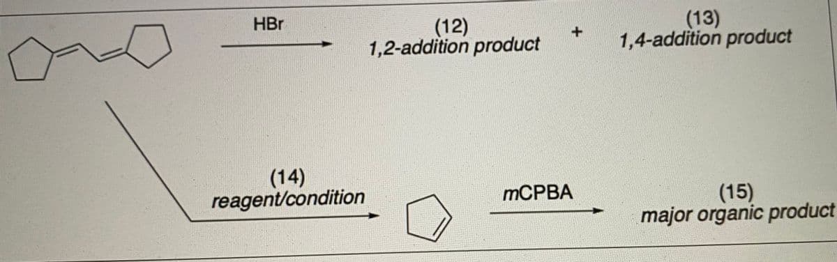 HBr
(12)
1,2-addition product
(13)
1,4-addition product
(14)
reagent/condition
ТСРВА
(15)
major organic product

