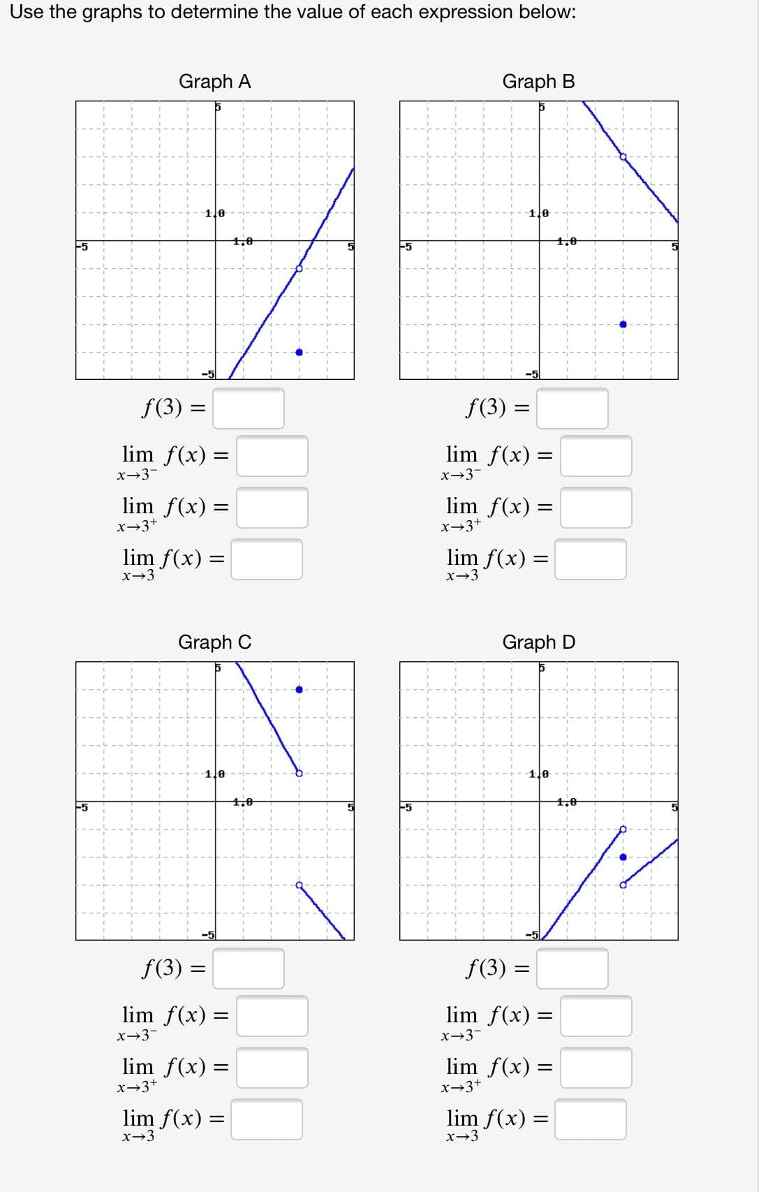 Graph C
1.0
1,0
f(3) =
lim f(x) =
x→3-
lim f(x) =
x-3+
lim f(x) =
x→3
