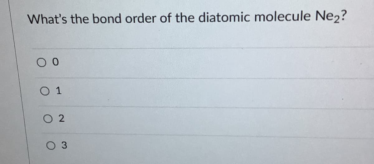 What's the bond order of the diatomic molecule Ne2?
O 1
O 2
O 3

