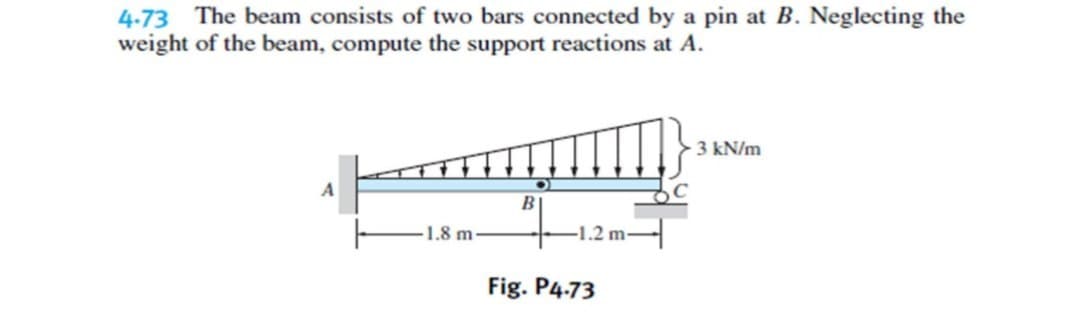 4.73 The beam consists of two bars connected by a pin at B. Neglecting the
weight of the beam, compute the support reactions at A.
A
1.8 m-
B
-1.2 m-
Fig. P4.73
3 kN/m
