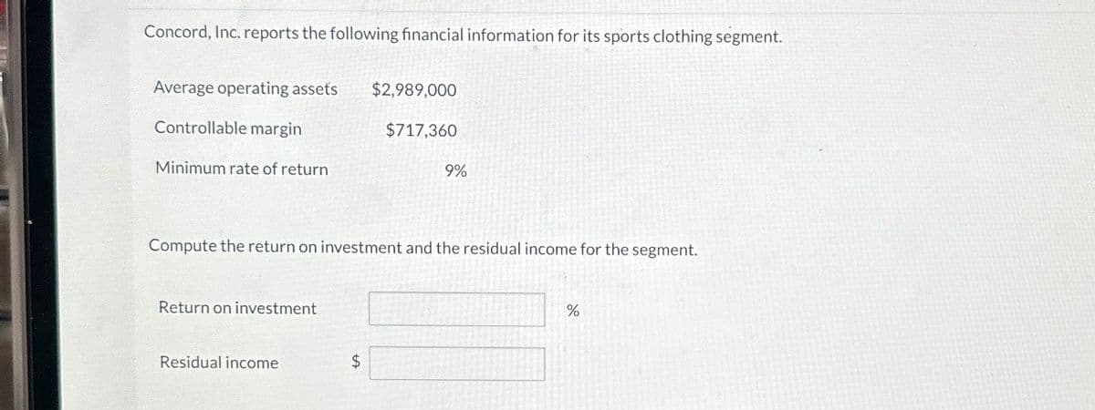 Concord, Inc. reports the following financial information for its sports clothing segment.
Average operating assets
Controllable margin
Minimum rate of return
$2,989,000
$717,360
9%
Compute the return on investment and the residual income for the segment.
Return on investment
Residual income
$
%