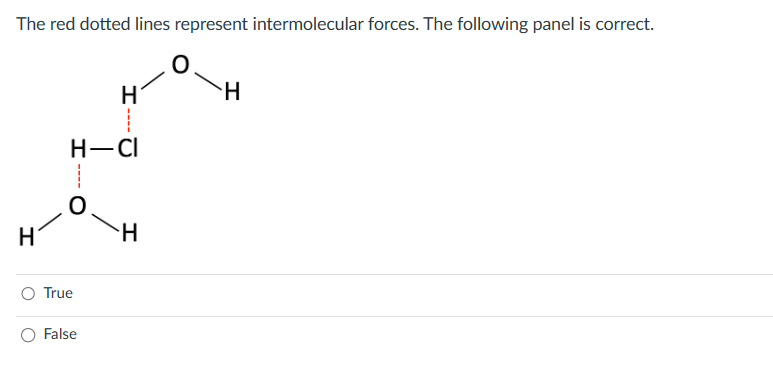 The red dotted lines represent intermolecular forces. The following panel is correct.
H
H-CI
True
H
False
H
H