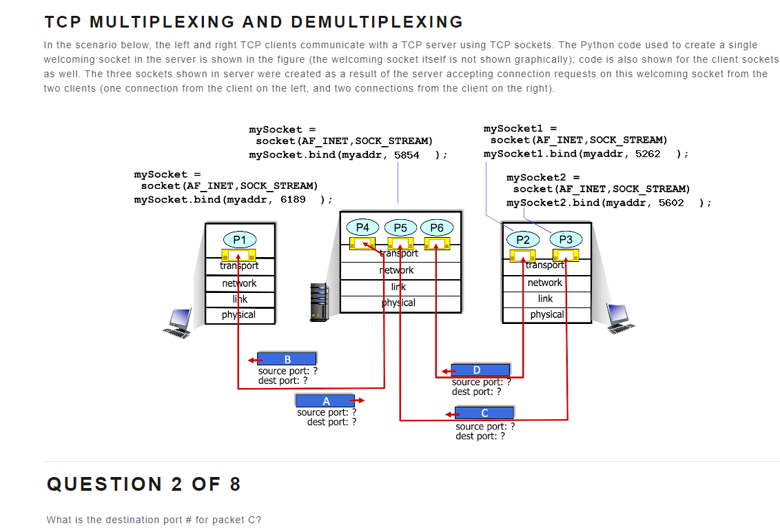 TCP MULTIPLEXING AND DEMULTIPLEXING
In the scenario below, the left and right TCP clients communicate with a TCP server using TCP sockets. The Python code used to create a single
welcoming socket in the server is shown in the figure (the welcoming socket itself is not shown graphically); code is also shown for the client sockets
as well. The three sockets shown in server were created as a result of the server accepting connection requests on this welcoming socket from the
two clients (one connection from the client on the left, and two connections from the client on the right).
mySocket =
socket (AF_INET, SOCK_STREAM)
mySocket.bind (myaddr, 6189 );
P1
mySocket =
socket (AF_INET, SOCK_STREAM)
mySocket.bind (myaddr, 5854 );
U
transport
network
link
physical
QUESTION 2 OF 8
B
source port: ?
dest port: ?
What is the destination port # for packet C?
P4 P5 P6
transport
network
link
physical
A
source port: ?
dest port: ?
mySocket1 =
socket (AF_INET, SOCK_STREAM)
mySocket1.bind (myaddr, 5262
mySocket2 =
socket (AF_INET, SOCK_STREAM)
mySocket2.bind (myaddr, 5602
D
source port: ?
dest port: ?
C
source port: ?
dest port: ?
P2
P3
transport
network
link
physical
);