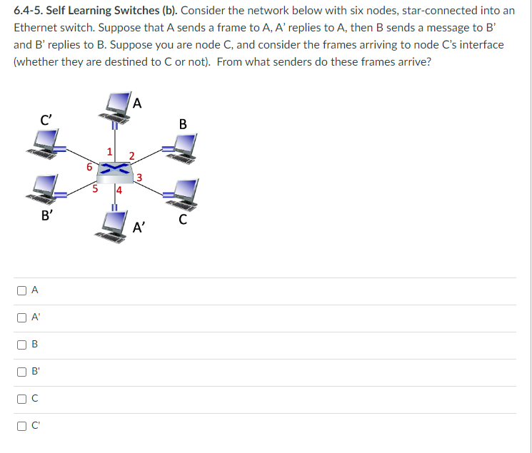 6.4-5. Self Learning Switches (b). Consider the network below with six nodes, star-connected into an
Ethernet switch. Suppose that A sends a frame to A, A' replies to A, then B sends a message to B'
and B' replies to B. Suppose you are node C, and consider the frames arriving to node C's interface
(whether they are destined to C or not). From what senders do these frames arrive?
OA
4
B
č
OC
DC
C'
B'
A
3
A'
B
C