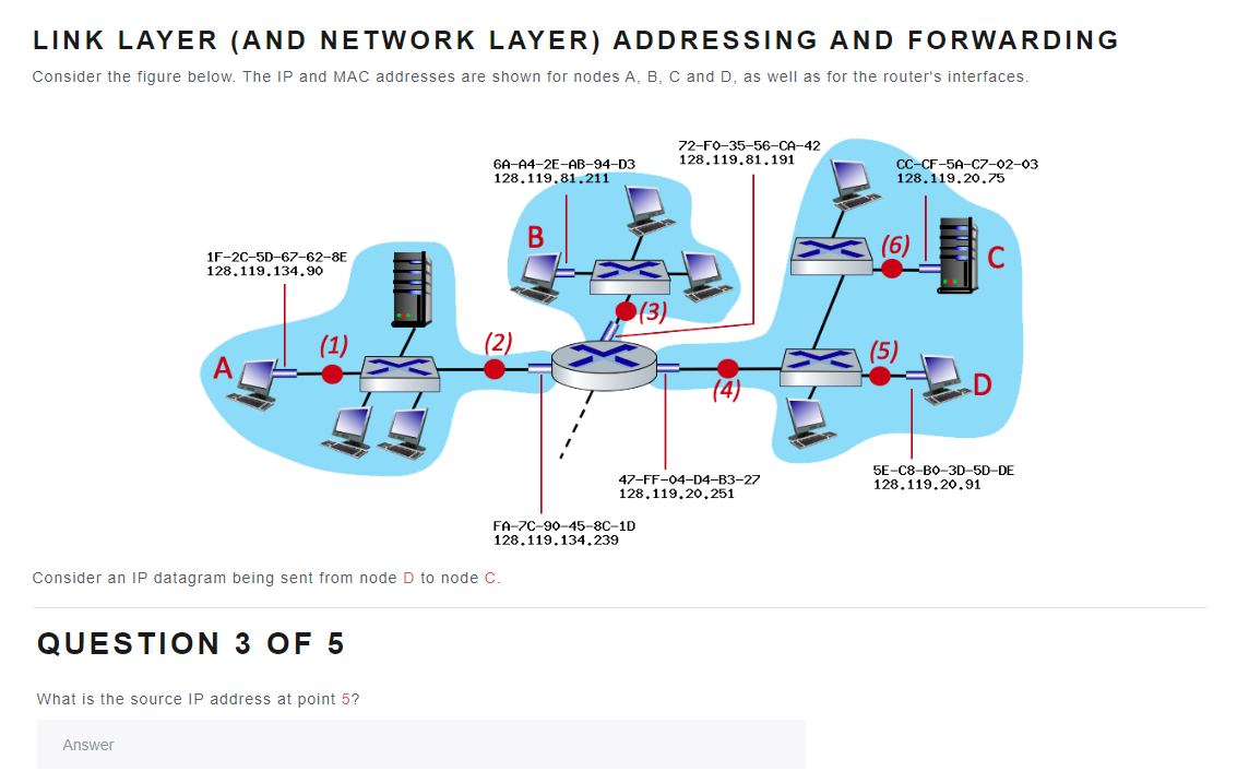 LINK LAYER (AND NETWORK LAYER) ADDRESSING AND FORWARDING
Consider the figure below. The IP and MAC addresses are shown for nodes A, B, C and D, as well as for the router's interfaces.
1F-2C-5D-67-62-8E
128.119.134.90
A
QUESTION 3 OF 5
Answer
Consider an IP datagram being sent from node D to node C.
What is the source IP address at point 5?
6A-A4-2E-AB-94-D3
128.119.81.211
B
FA-7C-90-45-8C-1D
128.119.134.239
72-F0-35-56-CA-42
128,119.81.191
(4)
47-FF-04-D4-B3-27
128.119.20.251
CC-CF-5A-C7-02-03
128.119.20.75
5E-C8-B0-3D-5D-DE
128,119,20,91