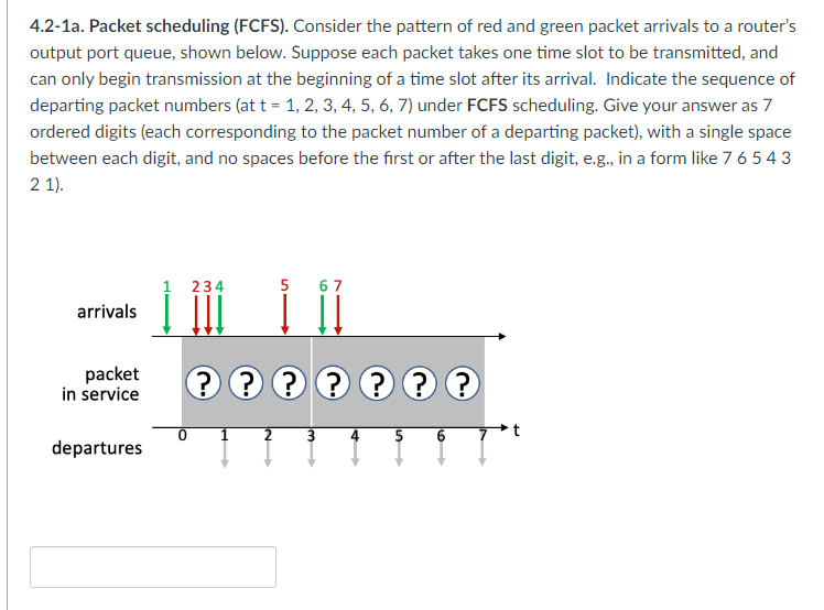 4.2-1a. Packet scheduling (FCFS). Consider the pattern of red and green packet arrivals to a router's
output port queue, shown below. Suppose each packet takes one time slot to be transmitted, and
can only begin transmission at the beginning of a time slot after its arrival. Indicate the sequence of
departing packet numbers (at t = 1, 2, 3, 4, 5, 6, 7) under FCFS scheduling. Give your answer as 7
ordered digits (each corresponding to the packet number of a departing packet), with a single space
between each digit, and no spaces before the first or after the last digit, e.g., in a form like 7 6 5 4 3
21).
arrivals
packet
in service
departures
0
234
????
? ? ? ?
IN
5 67
2
3
1+
???
5
←s
6