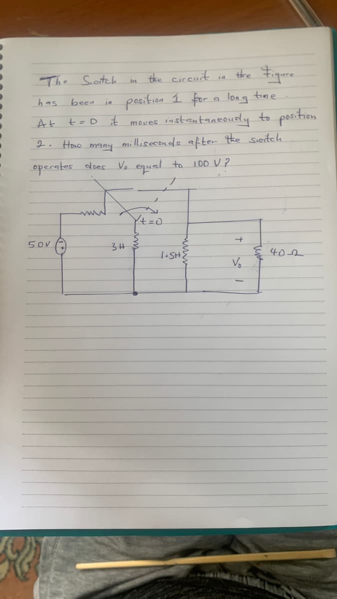 The Scotch
has
At
2.
been
+= 0 it
50v
How
in the circuit in
the Figure
position 1 for a long time.
instantaneously to position
milliseconds after the switch.
many
operates does Vo equal to 100 V?
1
wwwww
moves
3H
Y+=0
I.SH.
+
40-2
