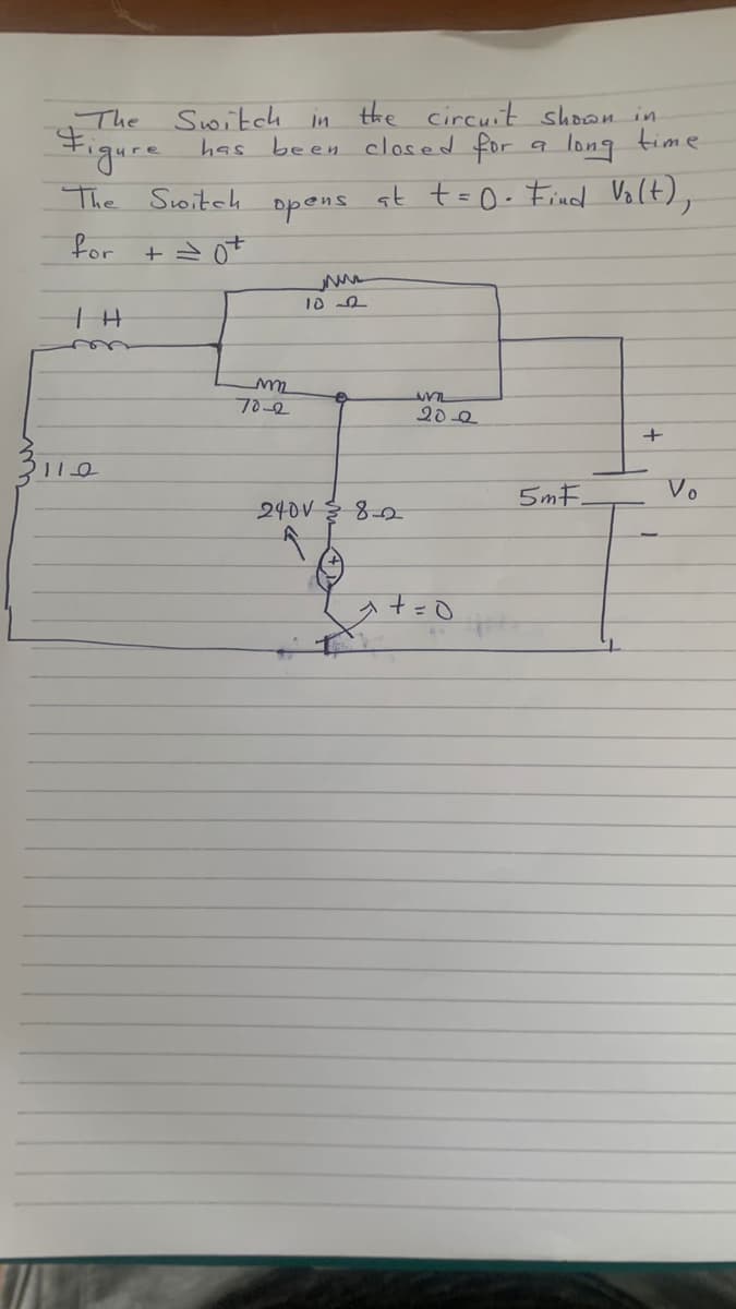 , The
Figure
The
for
14
11-0
Switch in
has been closed for
opens
Switch
+ = 0+
mm
70-2
the circuit shown in
long time
at t = 0. Find Vo(t),
102
240V
8-2
+
WIL
20-2
5mF.
+
1
Vo