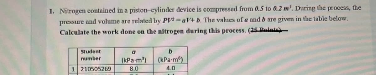 1. Nitrogen contained in a piston-cylinder device is compressed from 0.5 to 0.2 m³. During the process, the
pressure and volume are related by PV2=aV+ b. The values of a and b are given in the table below.
Calculate the work done on the nitrogen during this process. (25 Points)
Student
number
1 210505269
a
(kPa.m³)
8.0
b
(kPa.m6)
4.0