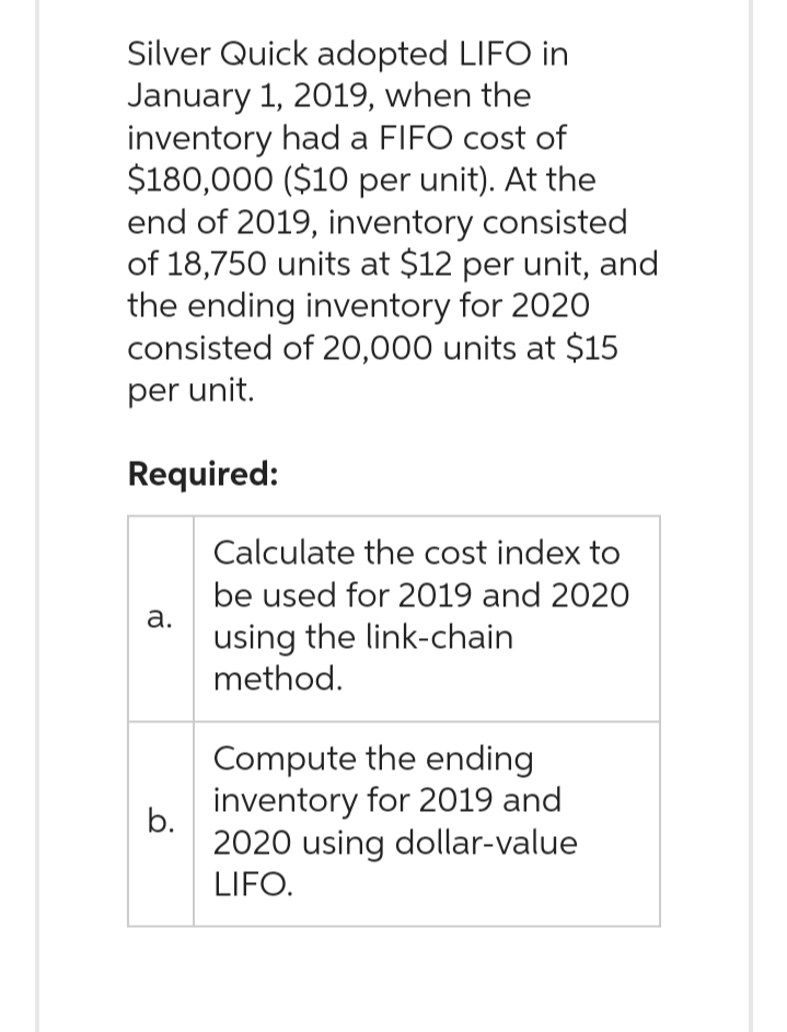 Silver Quick adopted LIFO in
January 1, 2019, when the
inventory had a FIFO cost of
$180,000 ($10 per unit). At the
end of 2019, inventory consisted
of 18,750 units at $12 per unit, and
the ending inventory for 2020
consisted of 20,000 units at $15
per unit.
Required:
a.
b.
Calculate the cost index to
be used for 2019 and 2020
using the link-chain
method.
Compute the ending
inventory for 2019 and
2020 using dollar-value
LIFO.