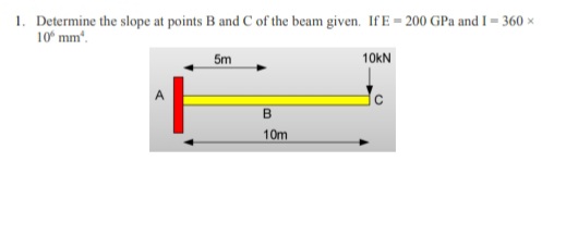1. Determine the slope at points B and C of the beam given. If E = 200 GPa and I = 360 ×
10 mm.
5m
10KN
10m
