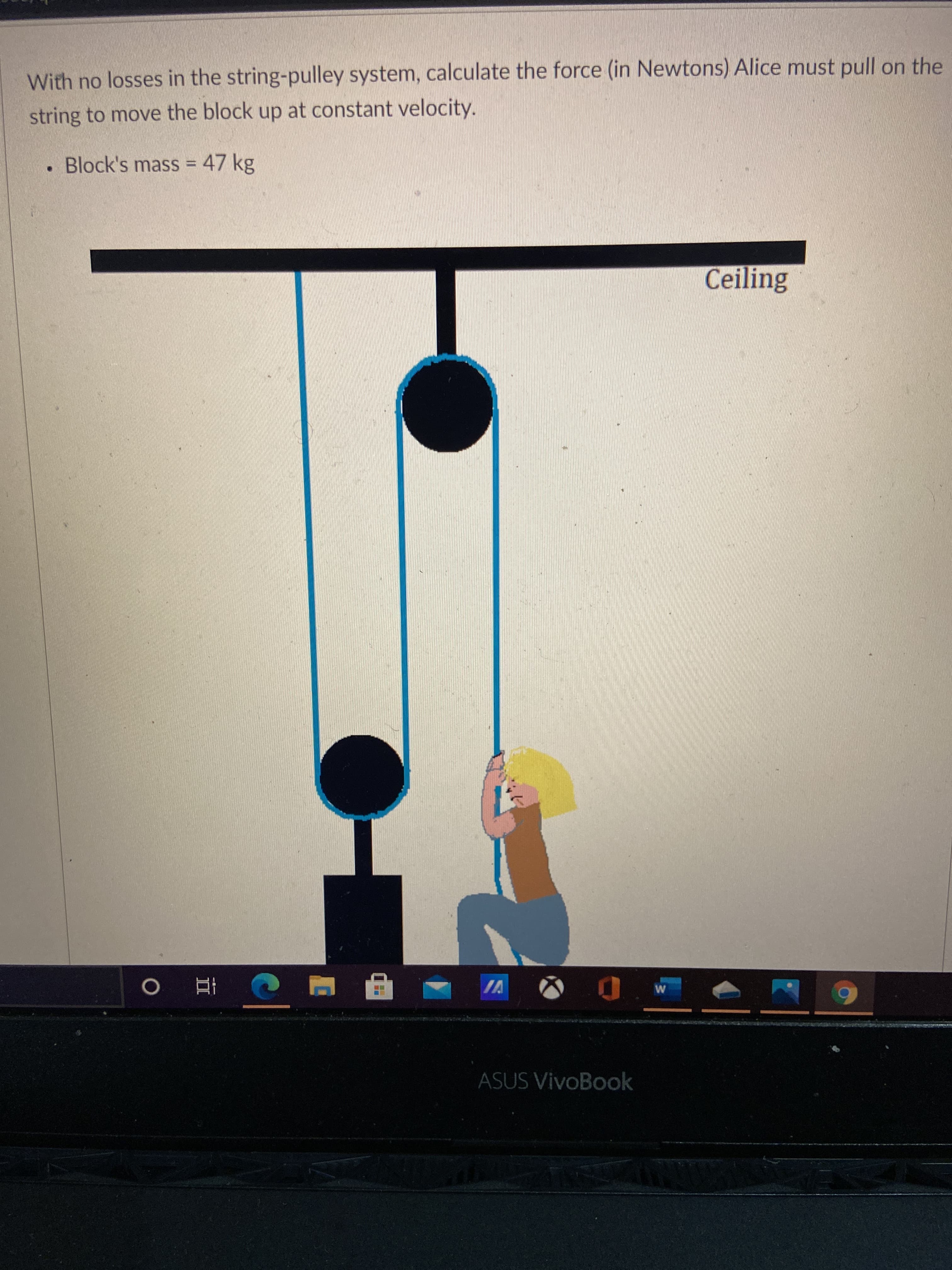 With no losses in the string-pulley system, calculate the force (in Newtons) Alice must pull on the
string to move the block up at constant velocity.
Block's mass = 47 kg
