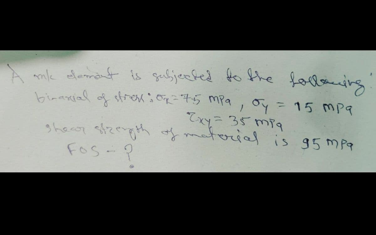 A amle elanmant is gabjeefed fo the foclaning
biranial of sfret: OR=755 mpa, oy = 15 mpa
てx35mpa
f moterial is 95 mpq
shecp sfzergth
FOs-?
