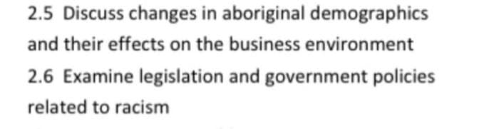 2.5 Discuss changes in aboriginal demographics
and their effects on the business environment
2.6 Examine legislation and government policies
related to racism