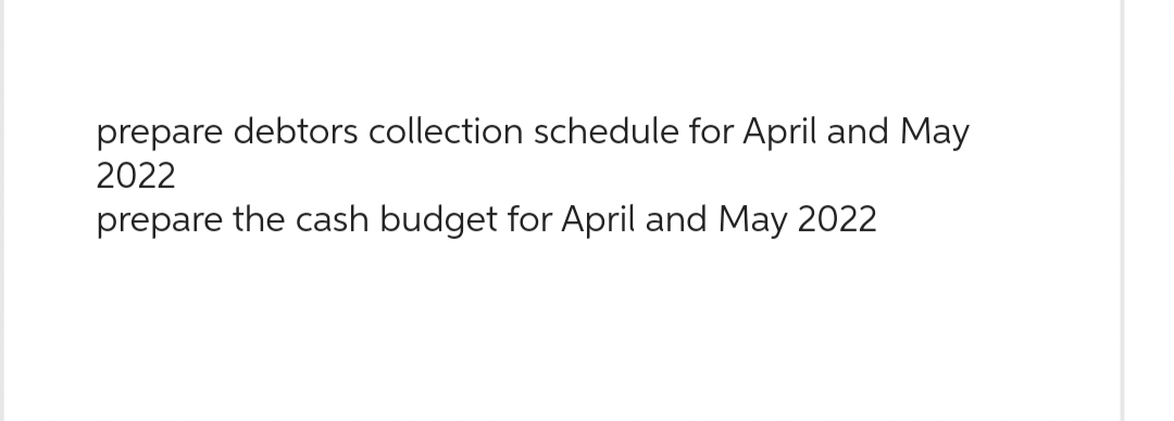 prepare debtors collection schedule for April and May
2022
prepare the cash budget for April and May 2022