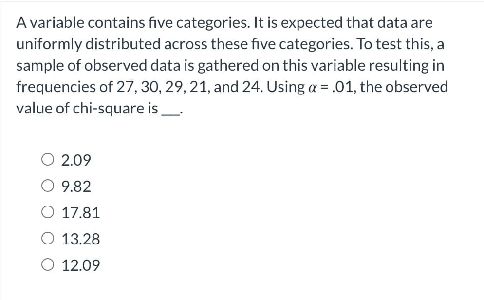 A variable contains five categories. It is expected that data are
uniformly distributed across these five categories. To test this, a
sample of observed data is gathered on this variable resulting in
frequencies of 27, 30, 29, 21, and 24. Using a = .01, the observed
value of chi-square is
2.09
9.82
17.81
13.28
O 12.09