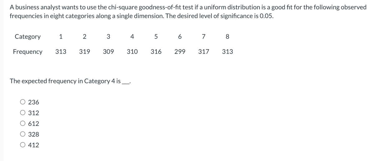 A business analyst wants to use the chi-square goodness-of-fit test if a uniform distribution is a good fit for the following observed
frequencies in eight categories along a single dimension. The desired level of significance is 0.05.
Category
Frequency 313
1
236
312
612
328
412
3
319 309
2
The expected frequency in Category 4 is
4
310
5
316
6
299
7
317
8
313