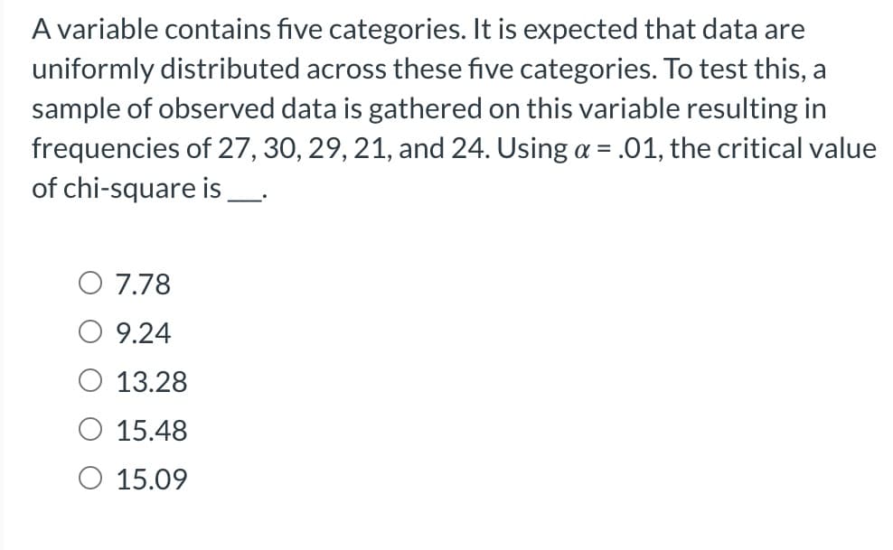 A variable contains five categories. It is expected that data are
uniformly distributed across these five categories. To test this, a
sample of observed data is gathered on this variable resulting in
frequencies of 27, 30, 29, 21, and 24. Using a = .01, the critical value
of chi-square is _____.
O 7.78
9.24
13.28
O 15.48
15.09