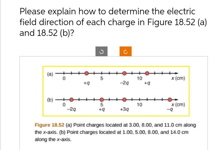 Please explain how to determine the electric
field direction of each charge in Figure 18.52 (a)
and 18.52 (b)?
(a)
(b)-
0
0
-2q
+9
5
+9
-2q
+3q
10
+9
10
x (cm)
x (cm)
-q
Figure 18.52 (a) Point charges located at 3.00, 8.00, and 11.0 cm along
the x-axis. (b) Point charges located at 1.00, 5.00, 8.00, and 14.0 cm
along the x-axis.