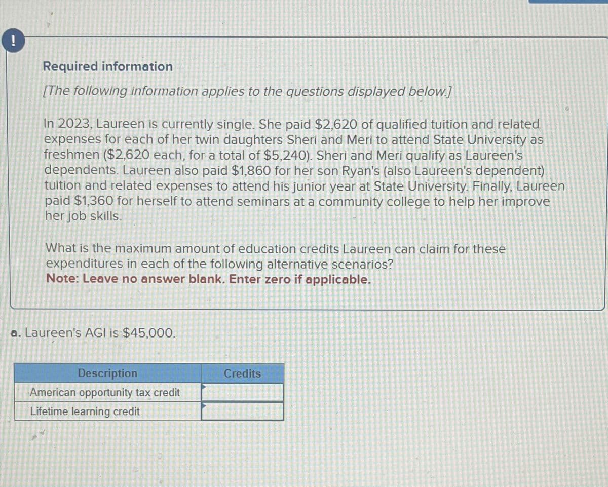 Required information
[The following information applies to the questions displayed below.]
In 2023, Laureen is currently single. She paid $2,620 of qualified tuition and related
expenses for each of her twin daughters Sheri and Meri to attend State University as
freshmen ($2,620 each, for a total of $5,240). Sheri and Meri qualify as Laureen's
dependents. Laureen also paid $1,860 for her son Ryan's (also Laureen's dependent)
tuition and related expenses to attend his junior year at State University. Finally, Laureen
paid $1,360 for herself to attend seminars at a community college to help her improve
her job skills.
What is the maximum amount of education credits Laureen can claim for these
expenditures in each of the following alternative scenarios?
Note: Leave no answer blank. Enter zero if applicable.
a. Laureen's AGI is $45,000.
Description
American opportunity tax credit
Lifetime learning credit
Credits