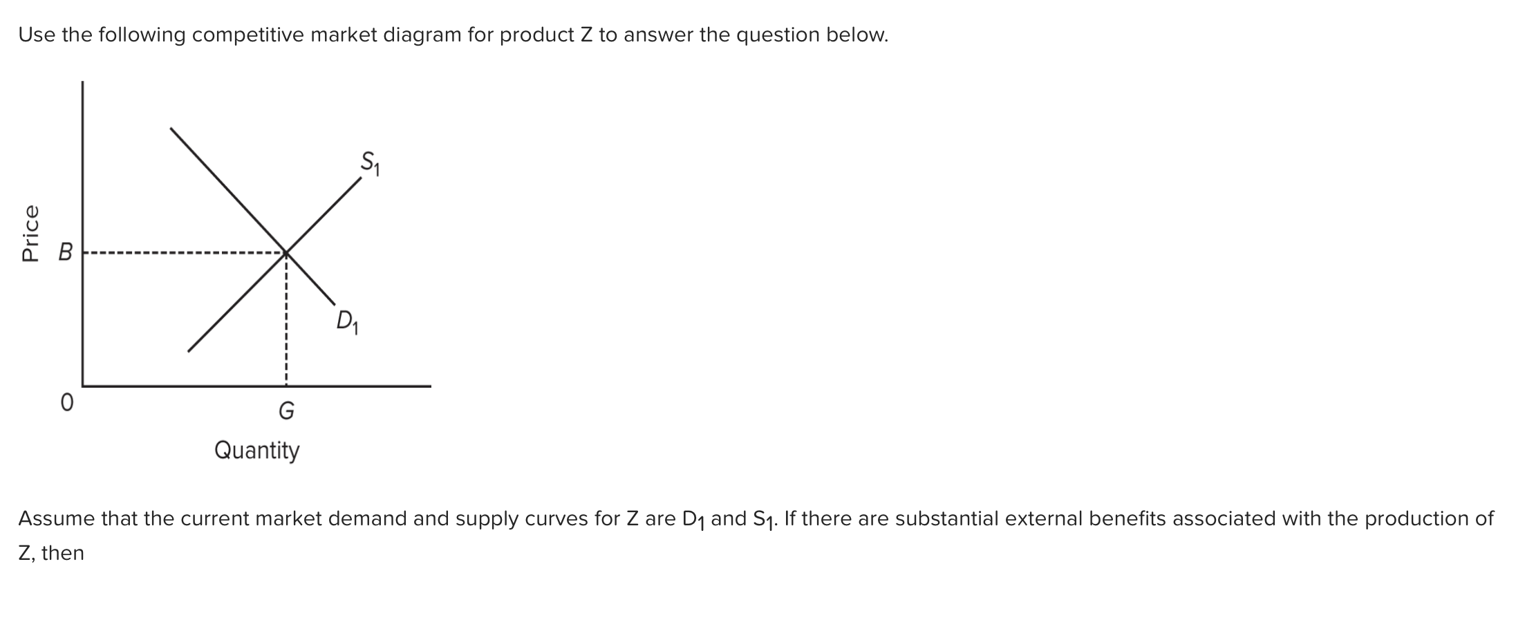 Use the following competitive market diagram for product Z to answer the question below.
B
D1
10
G
Quantity
Assume that the current market demand and supply curves for Z are
D1 and S1. If there are substantial external benefits associated with the production of
Z, then
Price
