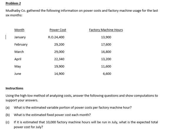 Mudhaiby Co. gathered the following information on power costs and factory machine usage for the last
Six months:
Month
Power Cost
Factory Machine Hours
|
January
R.O.24,400
13,900
February
29,200
17,600
March
29,000
16,800
April
22,340
13,200
May
19,900
11,600
June
14,900
6,600
Instructions
Using the high-low method of analyzing costs, answer the following questions and show computations to
support your answers.
(a) What is the estimated variable portion of power costs per factory machine hour?
(b) What is the estimated fixed power cost each month?
(c) If it is estimated that 10,000 factory machine hours will be run in July, what is the expected total
power cost for July?
