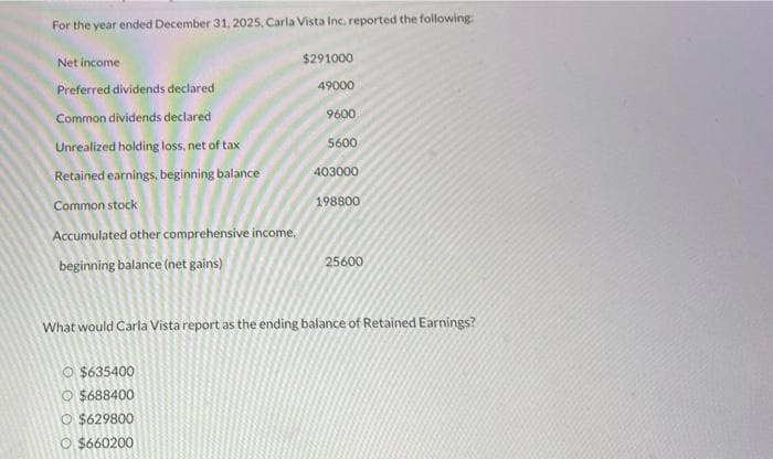 For the year ended December 31, 2025, Carla Vista Inc. reported the following:
$291000
49000
Net income
Preferred dividends declared
Common dividends declared
Unrealized holding loss, net of tax
Retained earnings, beginning balance
Common stock
Accumulated other comprehensive income.
beginning balance (net gains)
9600
O $635400
O $688400
O $629800
O$660200
5600
403000
198800
25600
What would Carla Vista report as the ending balance of Retained Earnings?