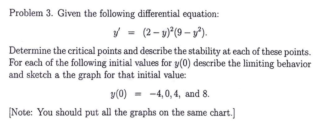 Problem 3. Given the following differential equation:
y' (2-y)²(9- y²).
=
Determine the critical points and describe the stability at each of these points.
For each of the following initial values for y(0) describe the limiting behavior
and sketch a the graph for that initial value:
y (0)
= -4, 0, 4, and 8.
[Note: You should put all the graphs on the same chart.]