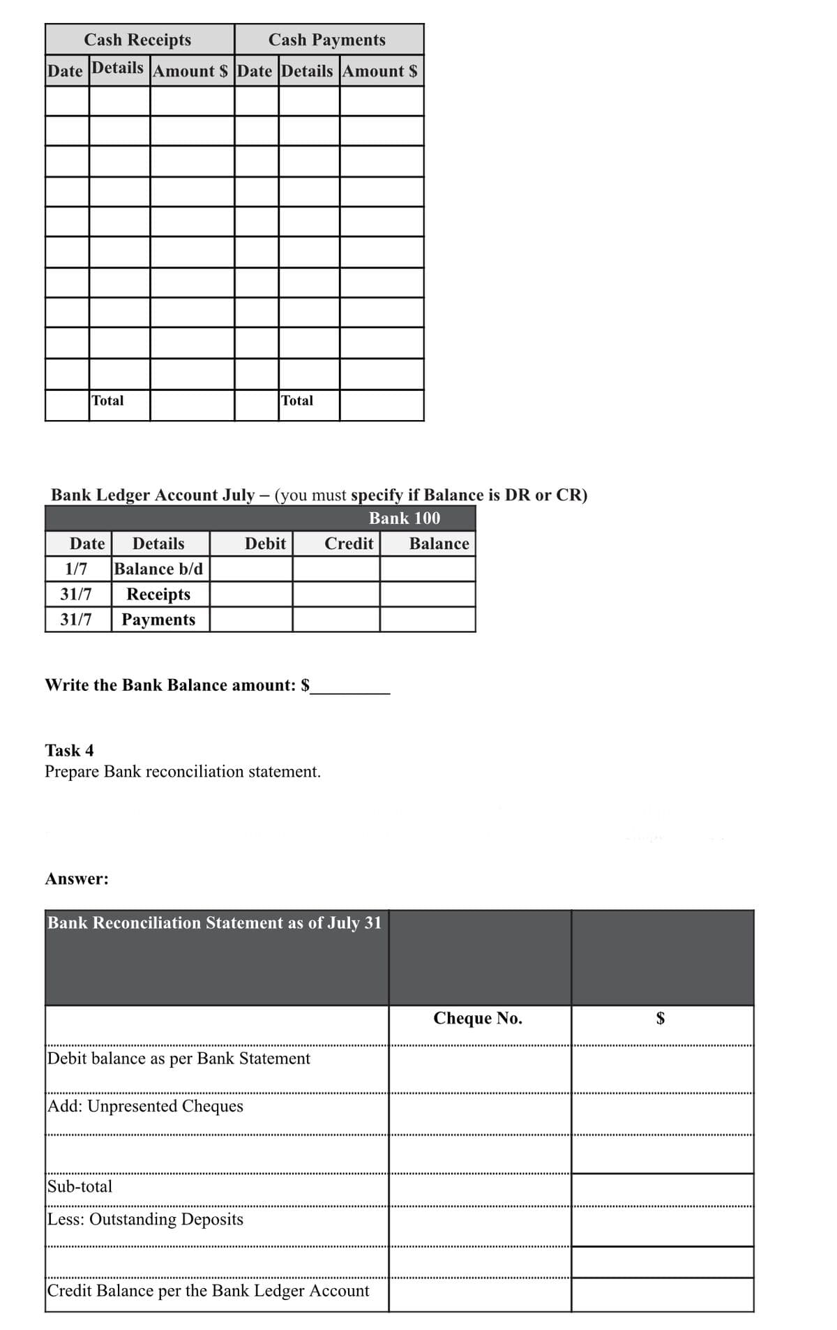Cash Receipts
Cash Payments
Date Details Amount $ Date Details Amount $
Total
Bank Ledger Account July — (you must specify if Balance is DR or CR)
Bank 100
Date Details
1/7 Balance b/d
31/7
31/7
Receipts
Payments
Total
Answer:
Debit
Write the Bank Balance amount: $
Task 4
Prepare Bank reconciliation statement.
Bank Reconciliation Statement as of July 31
Debit balance as per Bank Statement
Add: Unpresented Cheques
Sub-total
Less: Outstanding Deposits
Credit
Credit Balance per the Bank Ledger Account
Balance
Cheque No.