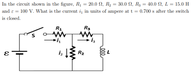 In the circuit shown in the figure, Rị = 20.0 N, R2 = 30.0 N, R3 = 40.0 N, L = 15.0 H
%3D
and e = 100 V. What is the current i in units of ampere at t = 0.700 s after the switch
is closed.
R1
R3
R2
000
