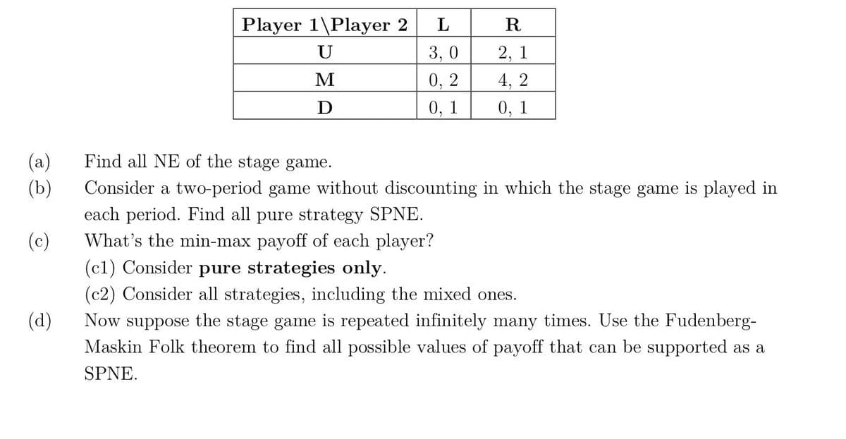 (a)
(b)
(c)
(d)
Player 1\Player 2
U
M
D
L
3,0
0, 2
0, 1
R
2,1
4, 2
0, 1
Find all NE of the stage game.
Consider a two-period game without discounting in which the stage game is played in
each period. Find all pure strategy SPNE.
What's the min-max payoff of each player?
(c1) Consider pure strategies only.
(c2) Consider all strategies, including the mixed ones.
Now suppose the stage game is repeated infinitely many times. Use the Fudenberg-
Maskin Folk theorem to find all possible values of payoff that can be supported as a
SPNE.