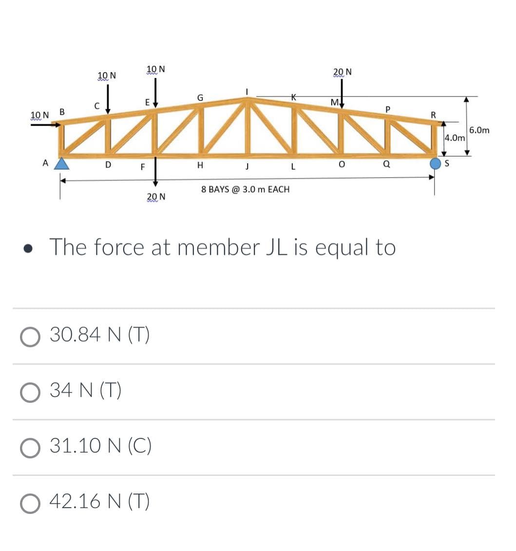 10 N
20 N
10 N
G
E
C
B.
P
10 N
R
6.0m
4.0m
A
J L 0
Q
D
F
H
8 BAYS @ 3.0 m EACH
20 N
• The force at member JL is equal to
O 30.84 N (T)
O 34 N (T)
O 31.10 N (C)
O 42.16 N (T)
