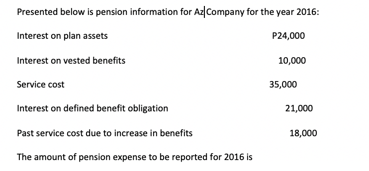 Presented below is pension information for Az Company for the year 2016:
Interest on plan assets
P24,000
Interest on vested benefits
10,000
Service cost
35,000
Interest on defined benefit obligation
21,000
Past service cost due to increase in benefits
18,000
The amount of pension expense to be reported for 2016 is
