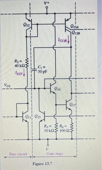 Vc6
212
www
Rs=
40 ΚΩΣ
IREF
C₁ =
*30 pF
Q₁ Q23
Bias circuit
IC13B
Figure 13.7
216
Q13A
213B
Q17!
R₂ = Rg=
50 ΕΩΣ 100Ω,
V-
Gain stage